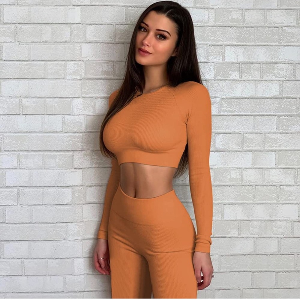 2 Piece Ribbed Long Sleeve Crop Top Tummy Control Leggings Set